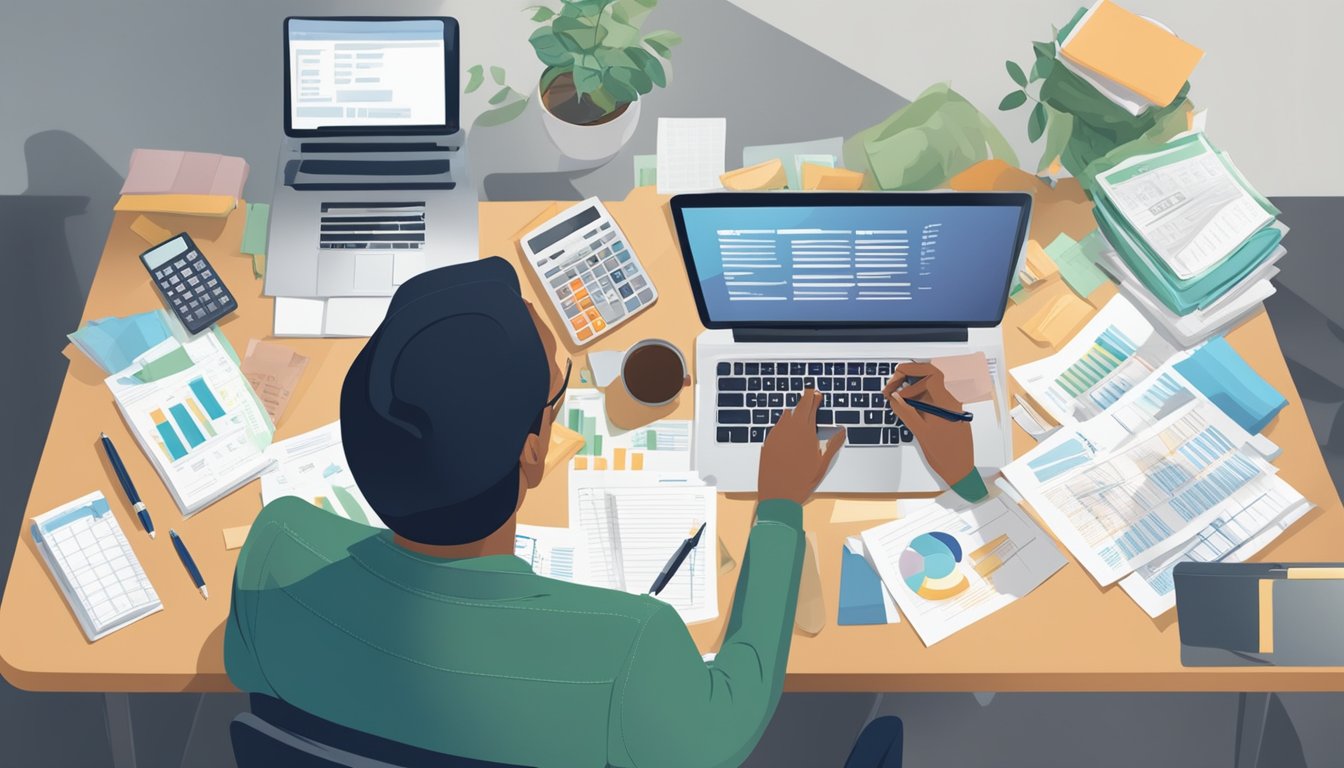 A person sitting at a desk with a calculator, pen, and paper, surrounded by financial documents and charts, budgeting for Wegovy treatment