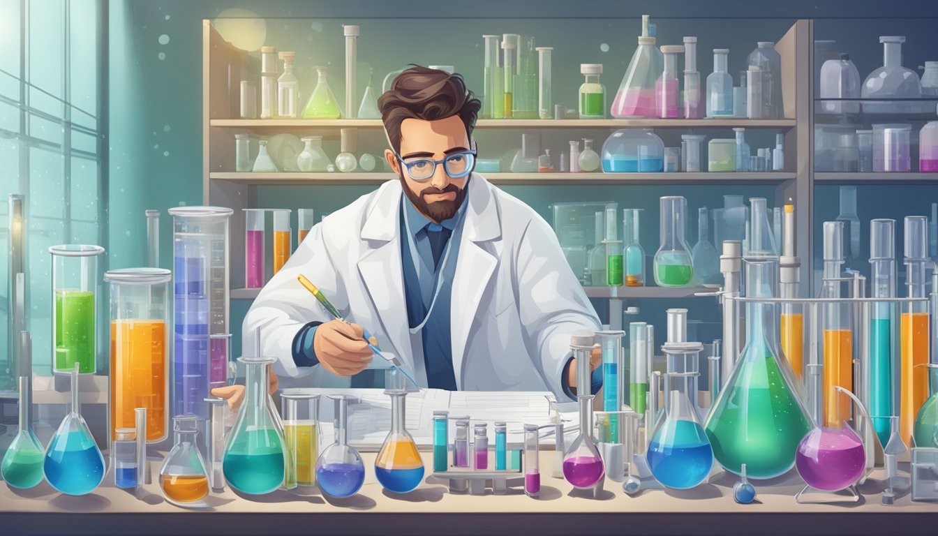 A scientist in a lab coat examines test tubes and vials containing various substances, surrounded by scientific equipment and charts