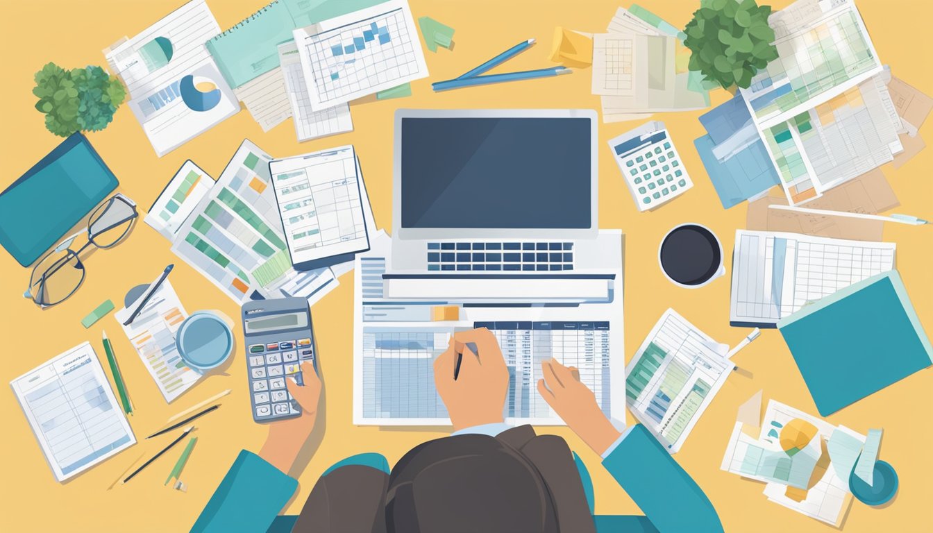 A person sitting at a desk with a calculator and budgeting spreadsheets, surrounded by financial documents and receipts