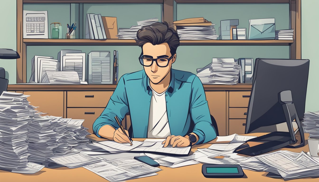 A person sitting at a desk with a calculator, pen, and paper, surrounded by bills and financial documents, with a determined expression on their face