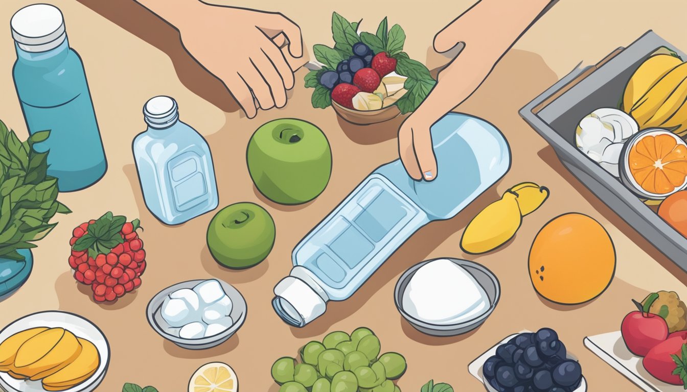 A bottle of Wegovy medication sits on a countertop, surrounded by a variety of healthy foods and a water bottle. A person's hand reaches for a piece of fruit