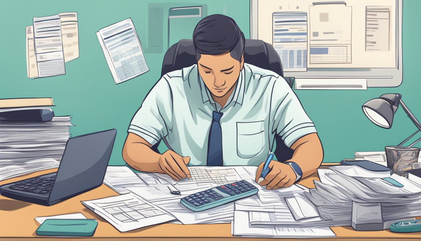 A person sitting at a desk with a calculator, budget spreadsheet, and medical bills, surrounded by financial documents and a prescription for Wegovy