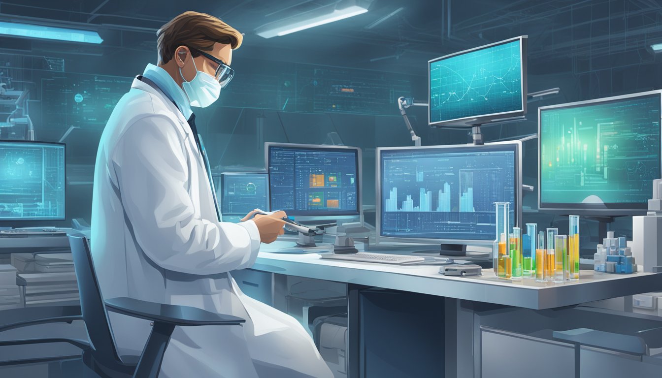 A scientist in a lab coat examines a vial of Wegovy, surrounded by futuristic medical equipment and a large computer screen displaying data