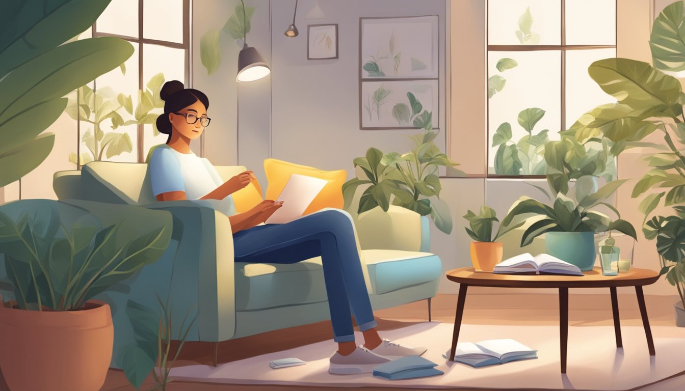 A person resting on a comfortable couch with a glass of water and a small notebook, surrounded by calming elements like plants and soft lighting