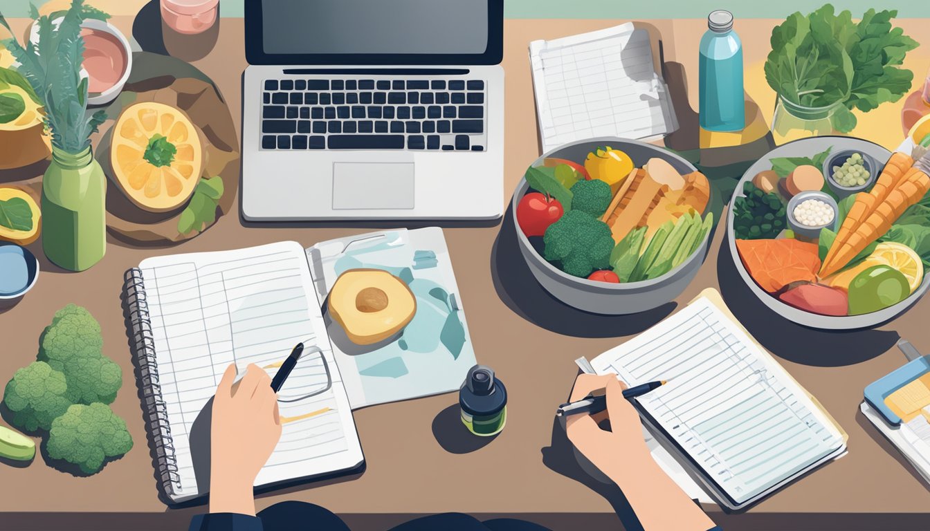 A person sitting at a table with a variety of healthy food options, a water bottle, and medication nearby. A journal and pen are also on the table for tracking side effects and strategies