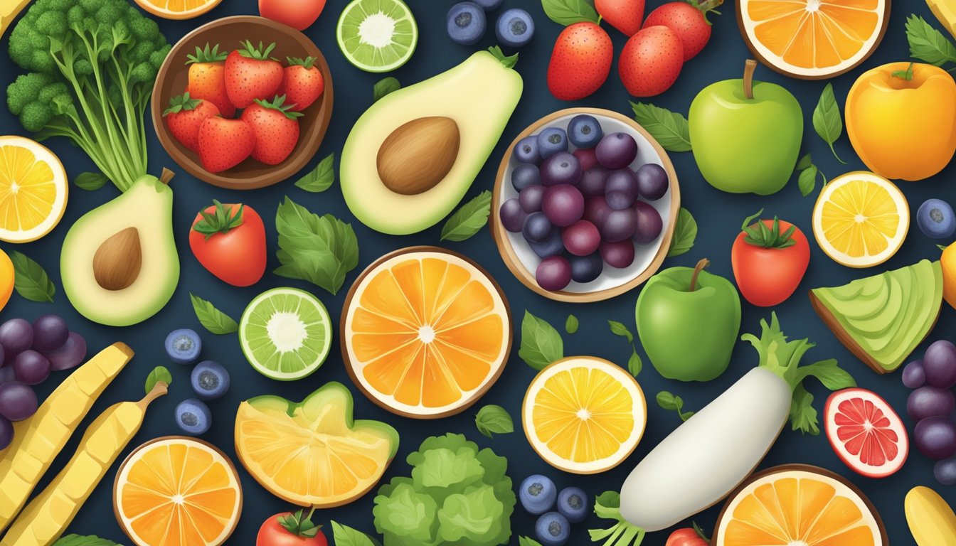 A colorful plate with a variety of healthy foods arranged in a balanced and visually appealing manner, with a focus on fresh fruits and vegetables