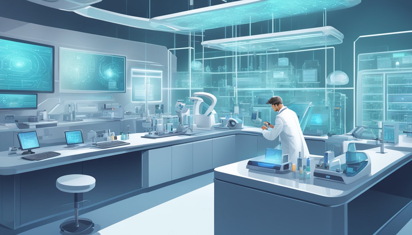 A futuristic laboratory with a sleek, high-tech design. A scientist in a white coat examines a vial of Wegovy, surrounded by cutting-edge medical equipment and monitors