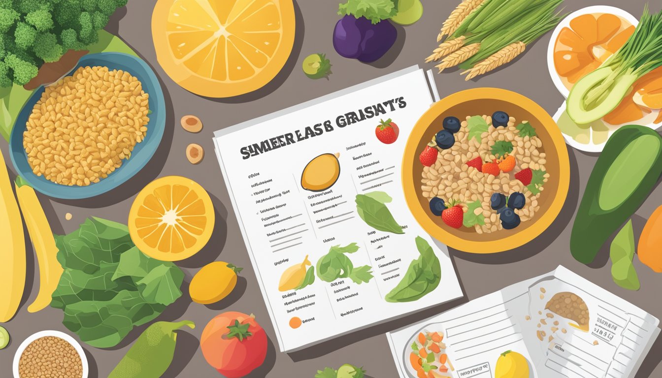 A colorful array of fresh fruits, vegetables, lean proteins, and whole grains arranged on a table, with a Wegovy meal plan booklet open beside it