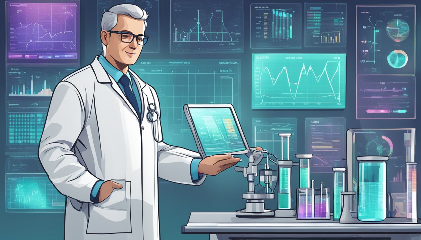 A doctor in a lab coat holding a vial of Wegovy, surrounded by futuristic medical equipment and charts displaying weight loss data