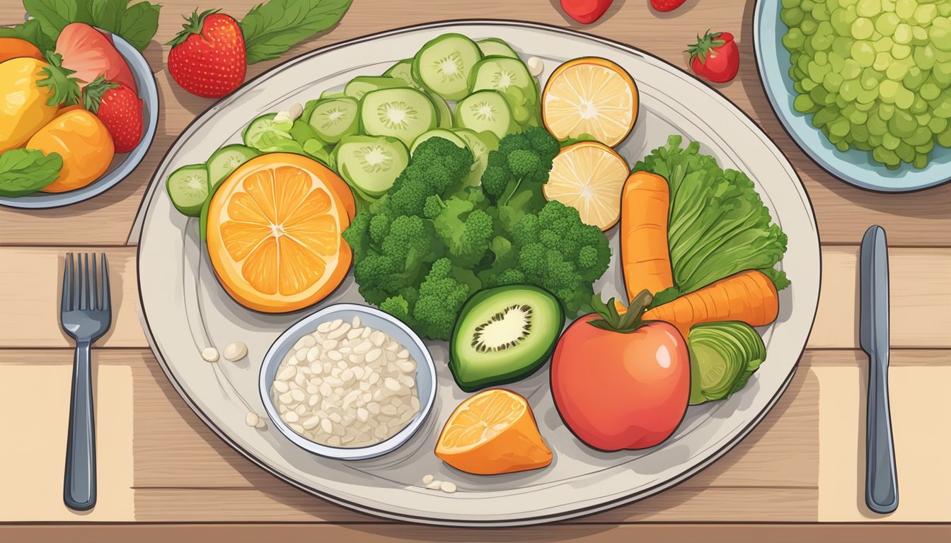 A colorful plate with balanced portions of vegetables, lean protein, and whole grains, surrounded by fresh fruits and a glass of water