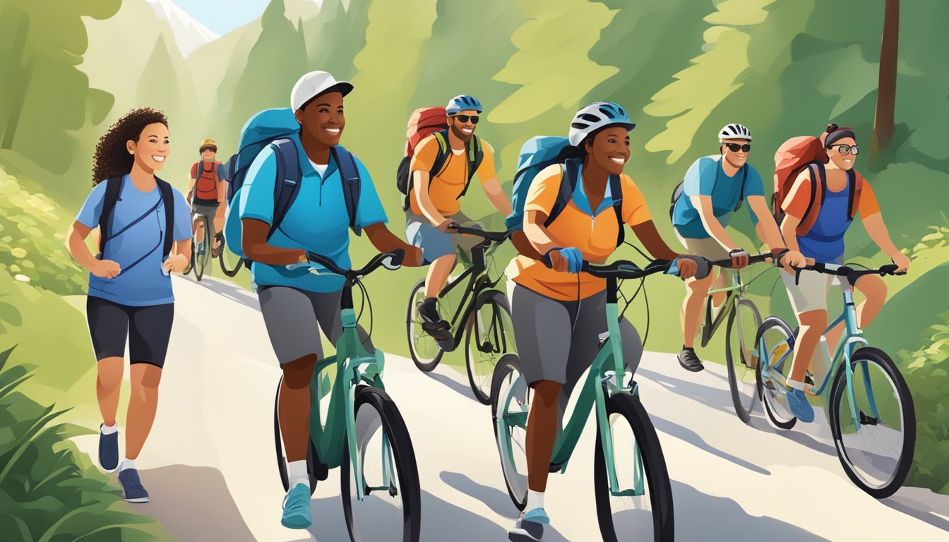 A diverse group of people engaging in outdoor activities, such as hiking, biking, and playing sports, with a focus on healthy lifestyle choices