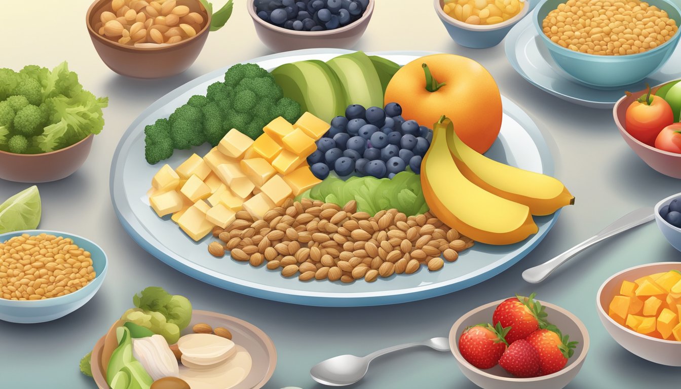 A colorful plate with portioned food groups, including lean proteins, whole grains, and plenty of fruits and vegetables, arranged in a balanced and visually appealing manner