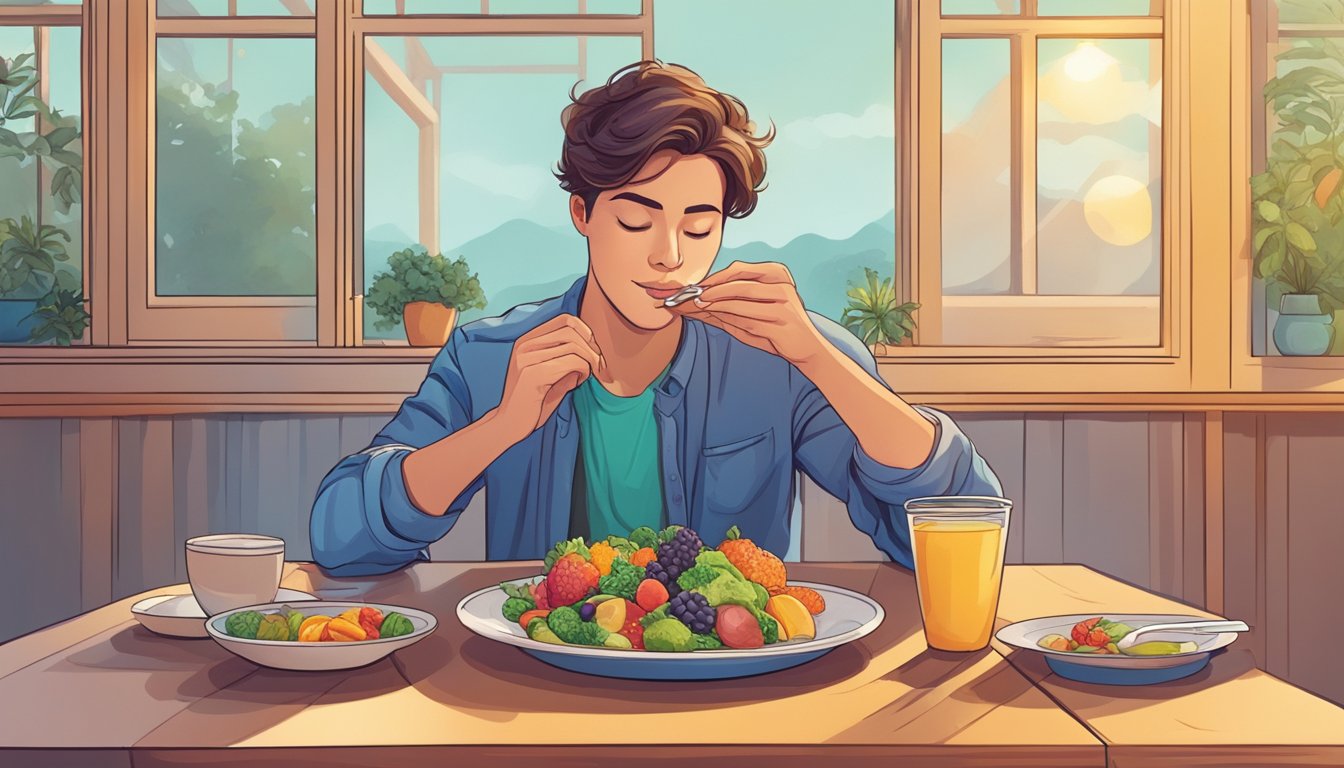 A person sitting at a table, savoring each bite of a colorful, balanced meal, with a sense of mindfulness and enjoyment