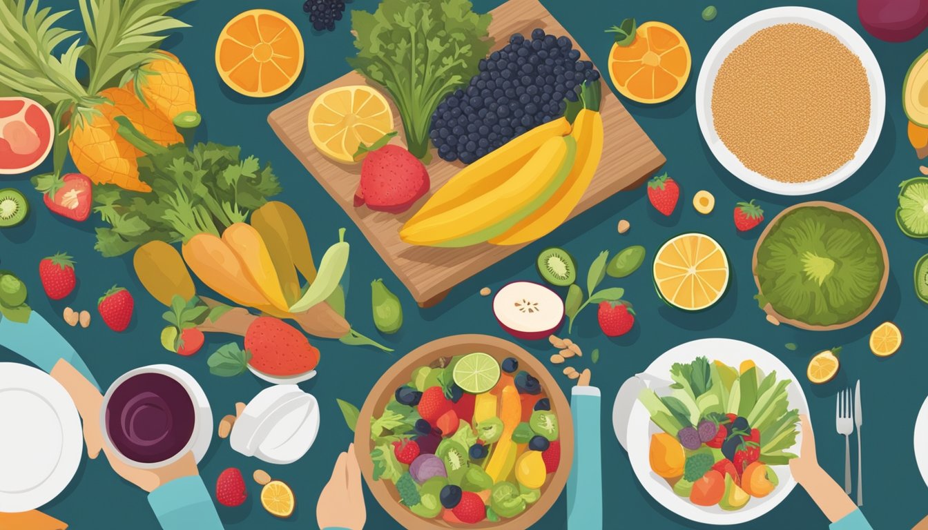 A table set with a colorful array of fruits, vegetables, and whole grains, with a person sitting in front of it, looking content and satisfied