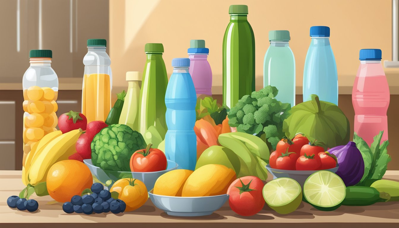 A colorful array of fresh fruits, vegetables, and water bottles arranged on a kitchen table