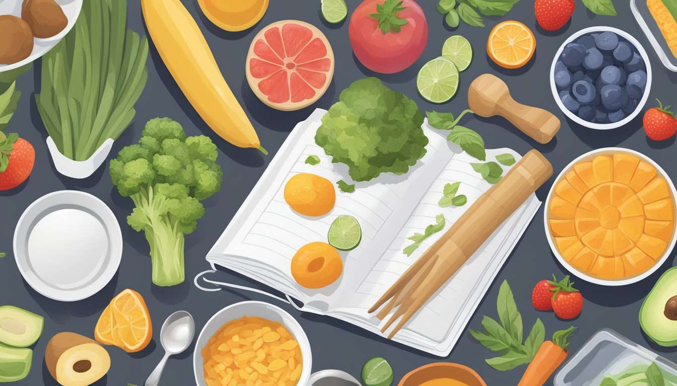 A table set with a variety of healthy, colorful foods, surrounded by measuring cups, a scale, and a journal for tracking meals