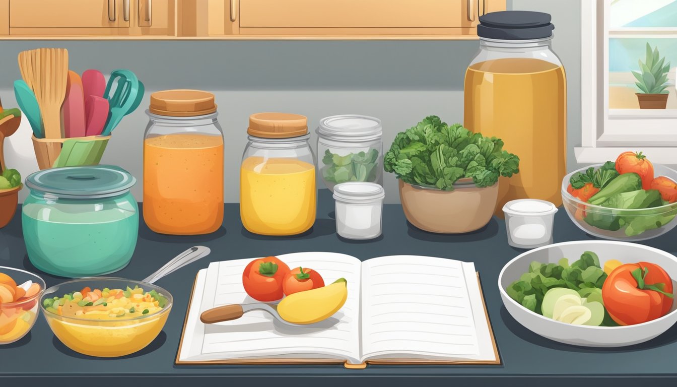 A colorful, organized meal prep station with fresh ingredients and various cooking utensils. A calendar and journal with notes on progress and success