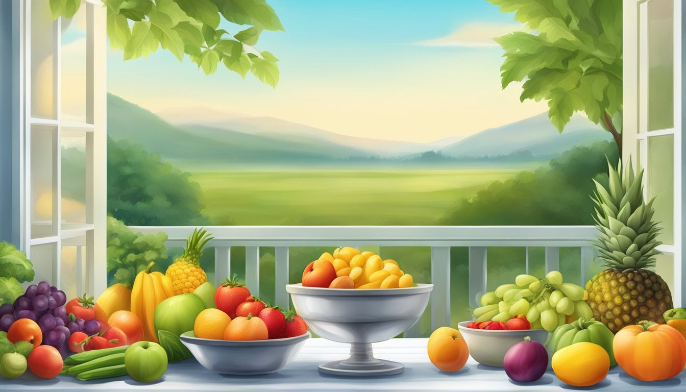 A table set with a variety of colorful, fresh fruits and vegetables, surrounded by a serene and peaceful environment