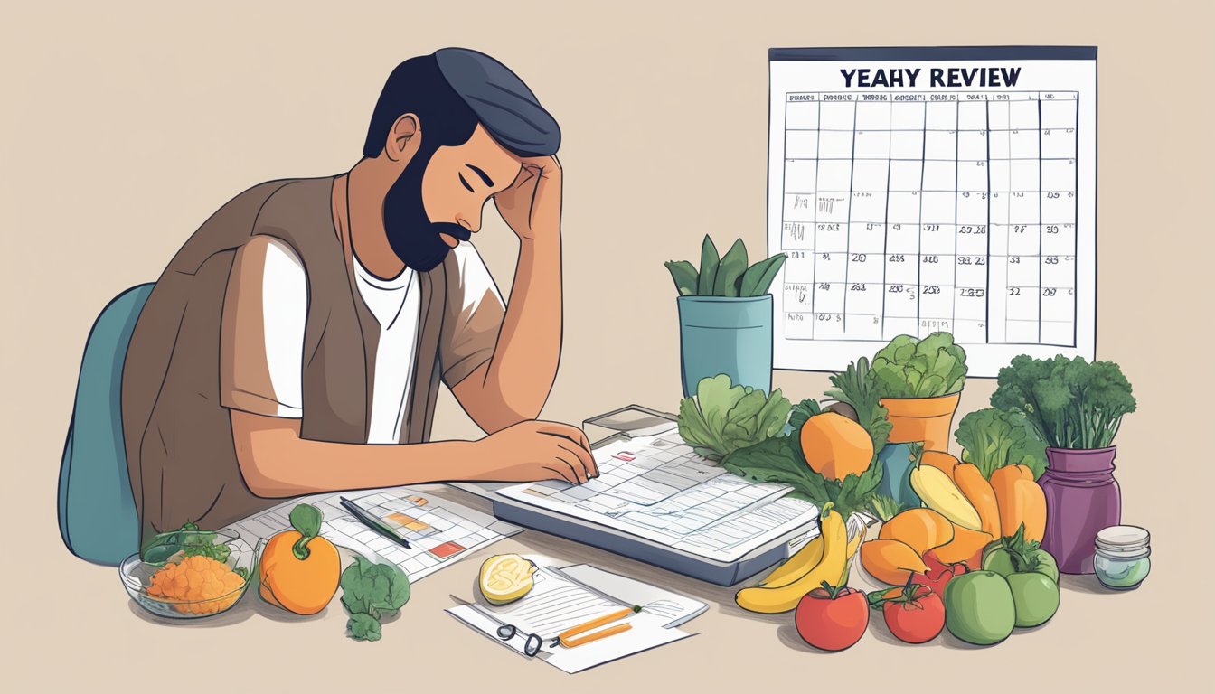 A person reflecting on their Wegovy experience, surrounded by a calendar, healthy food, and a scale, symbolizing a year in review