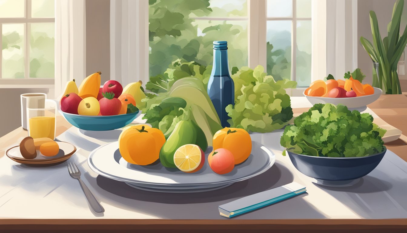 A serene dining table with a balanced meal, surrounded by fresh fruits and vegetables, a journal, and a bottle of Wegovy