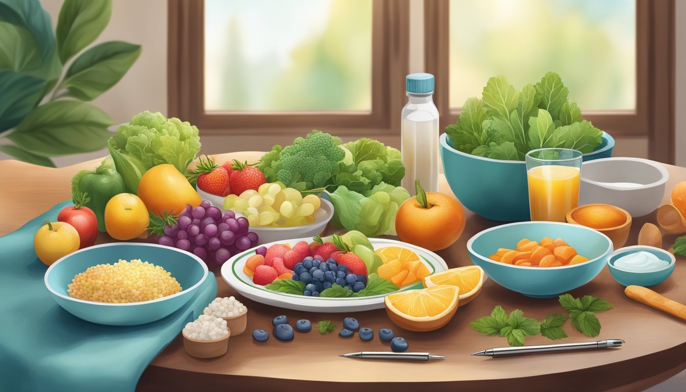 A table set with colorful, healthy foods alongside a Wegovy injection pen, surrounded by a serene and mindful atmosphere