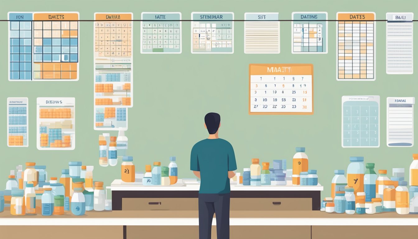 A person standing on a scale, surrounded by empty pill bottles and a calendar marked with dates