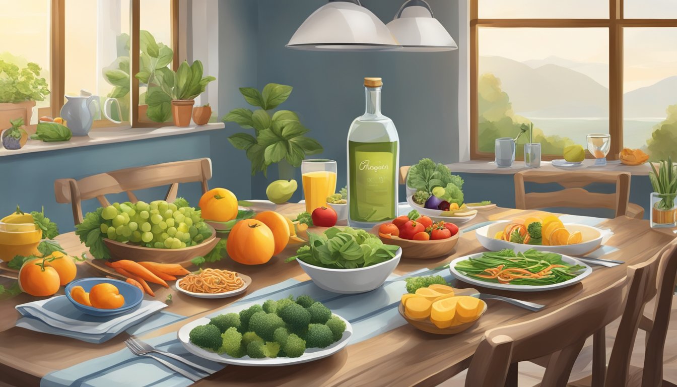 A serene dining table with a variety of colorful, healthy foods and a bottle of Wegovy as the focal point, surrounded by a calm, relaxed atmosphere