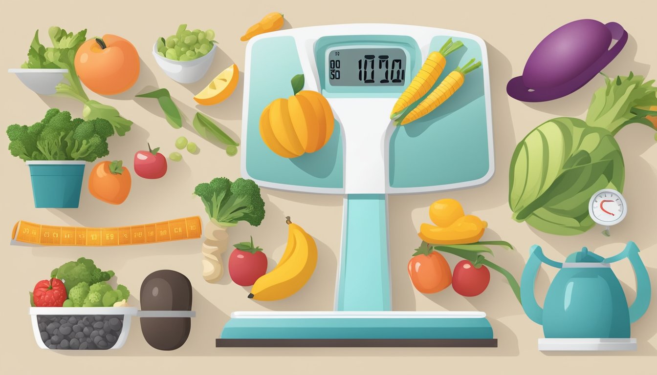 A scale surrounded by healthy food, exercise equipment, and a calendar marking a year's worth of progress