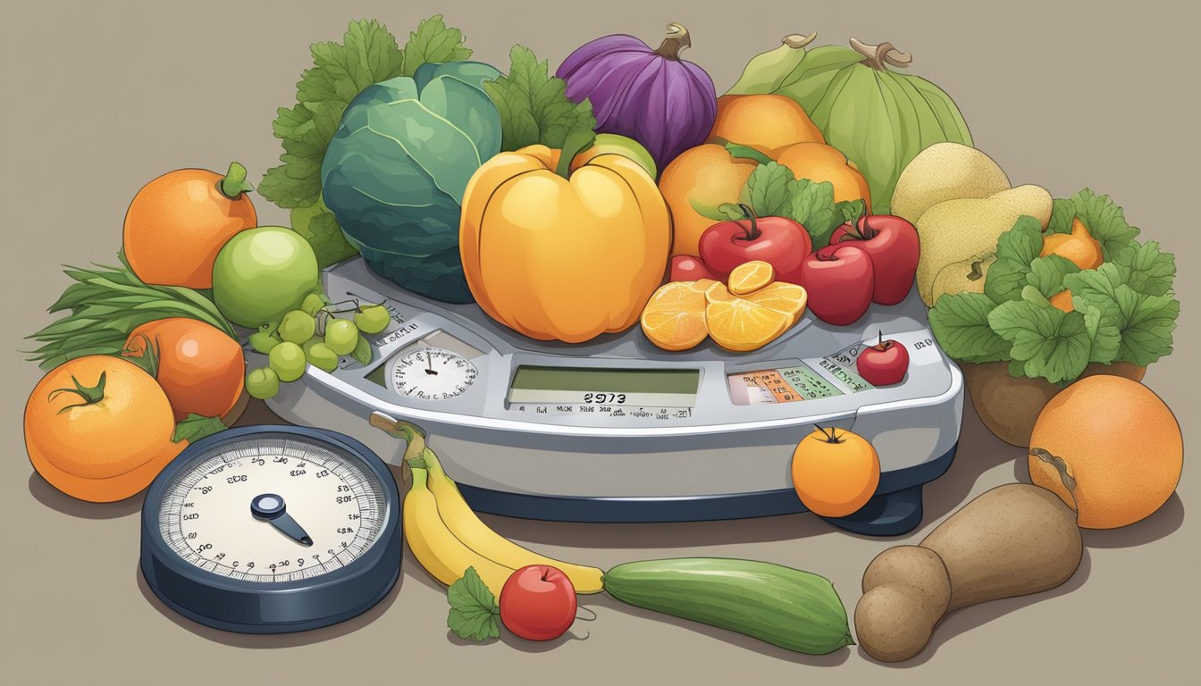 A scale surrounded by various fruits, vegetables, and exercise equipment, with a calendar showing a year's worth of progress