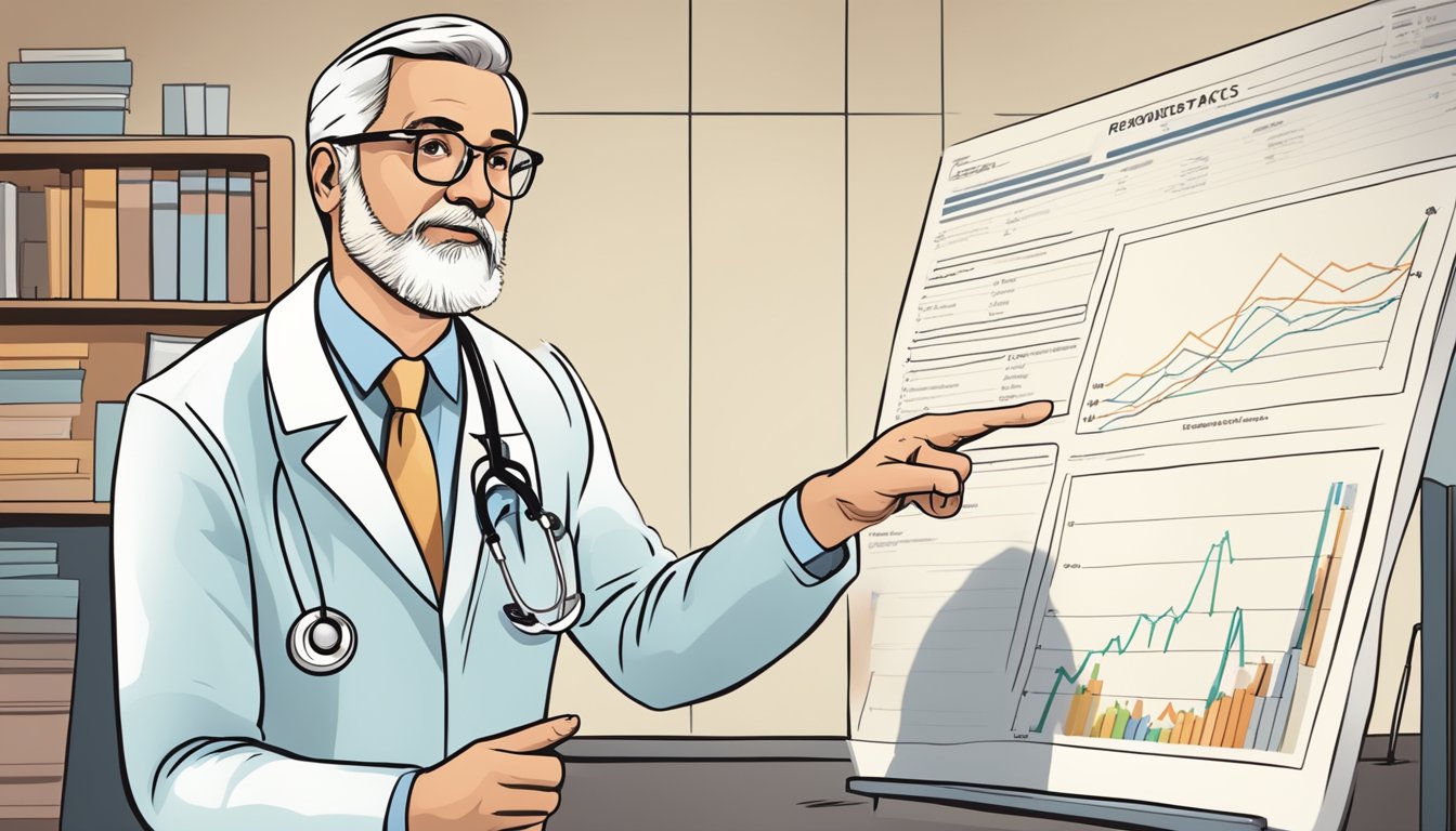 A doctor confidently dispelling myths about Wegovy while pointing to a chart of facts and statistics