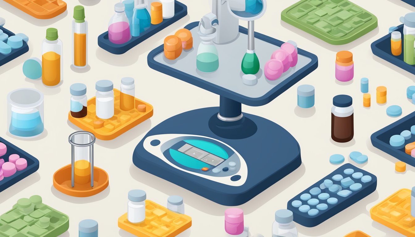 A scale surrounded by various medications and treatment options, with Wegovy standing out as the central focus