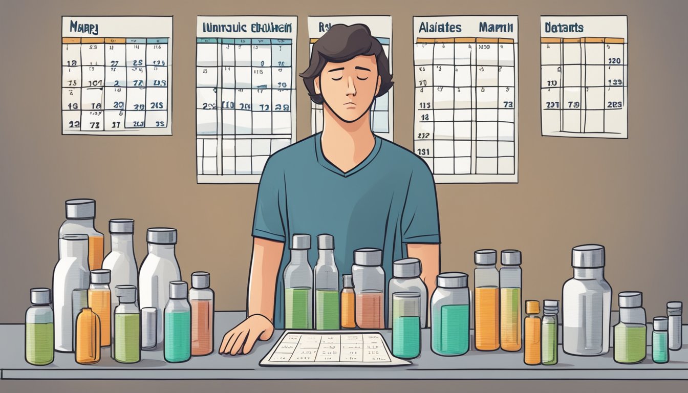 A person standing on a scale, surrounded by empty pill bottles and a calendar with dates marked off, with a look of contemplation on their face