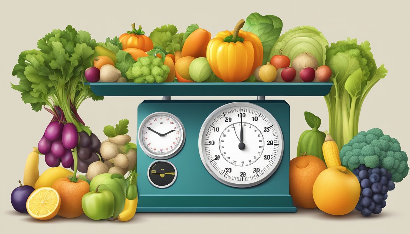 A scale surrounded by various fruits and vegetables, a tape measure, and a calendar marking the passage of time