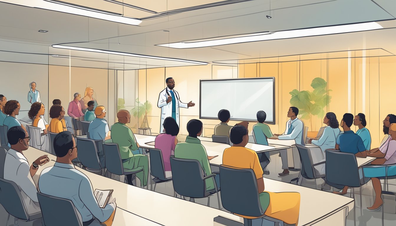 A doctor confidently dispelling myths about Wegovy while a diverse group of people listen attentively in a modern, bright conference room