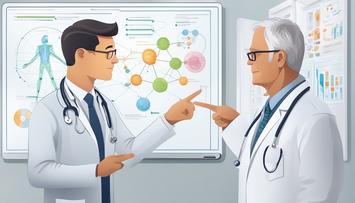 A doctor discussing Wegovy and lifestyle changes with a patient, pointing to a diagram of hormone connections on a whiteboard