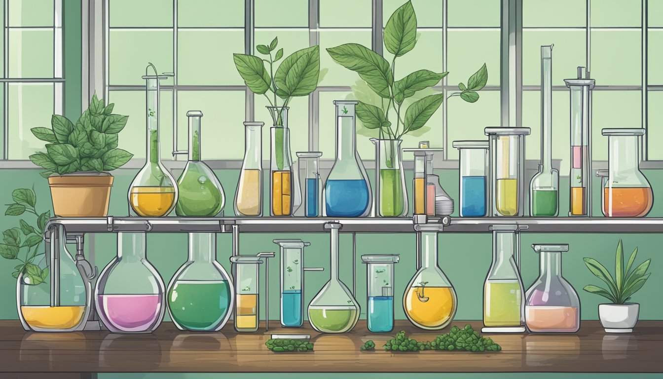 A laboratory with test tubes and scientific equipment, a plant-based ingredient being mixed into a solution, and a bottle labeled "Mounjaro."