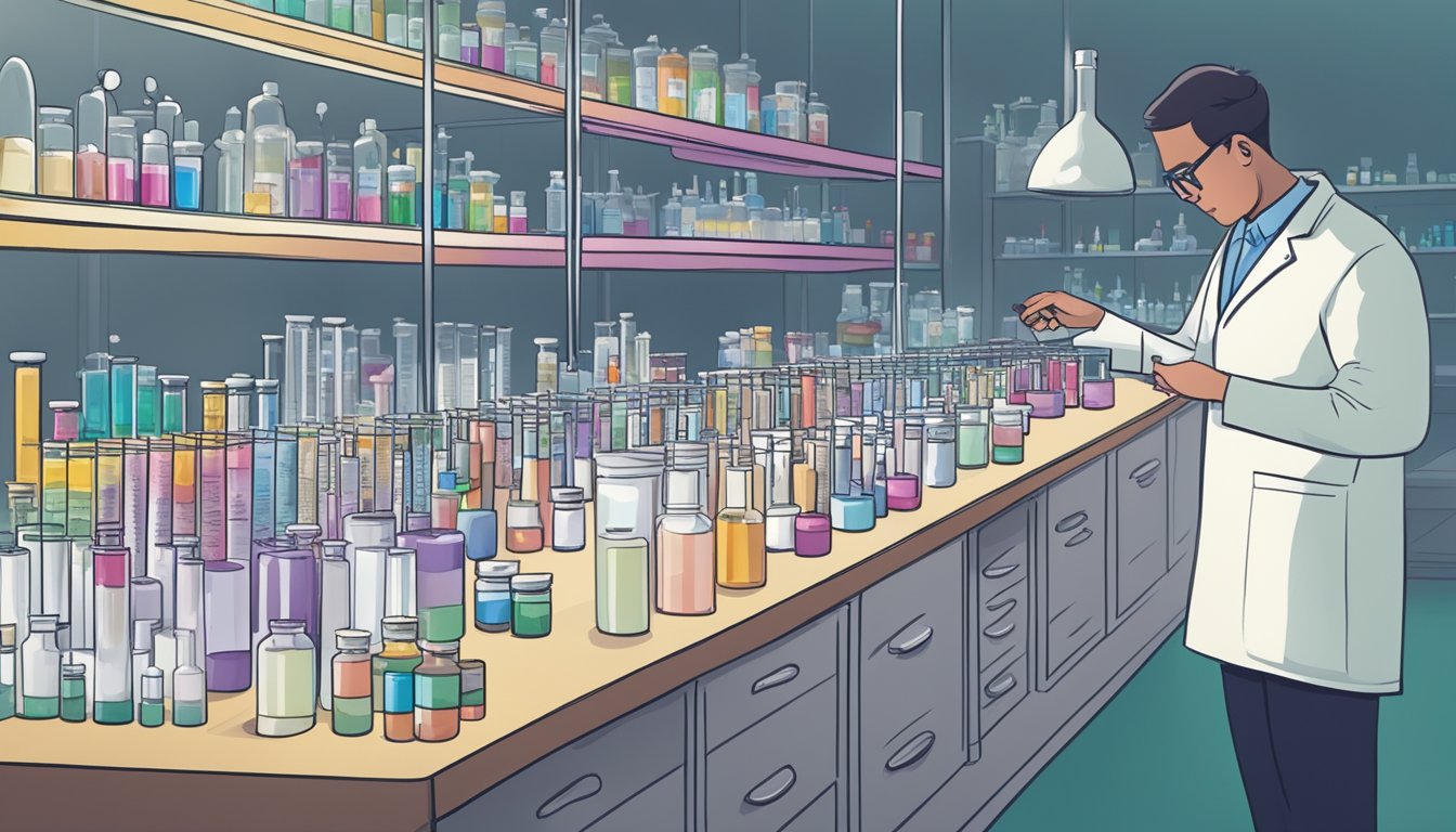 A lab setting with vials of Wegovy and hormone medications, with scientists comparing and analyzing their chemical compositions