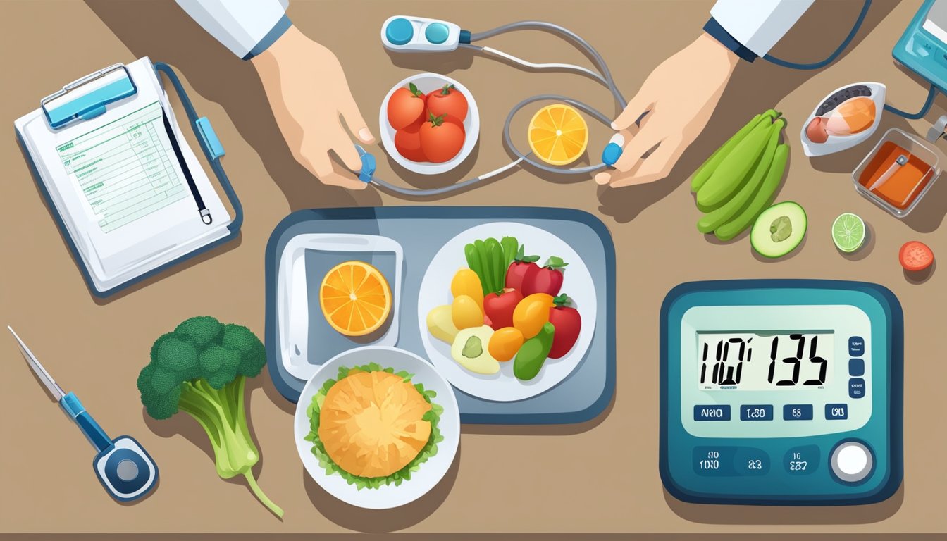 A doctor holding a blood glucose monitor while a scale and healthy food items are displayed on a table