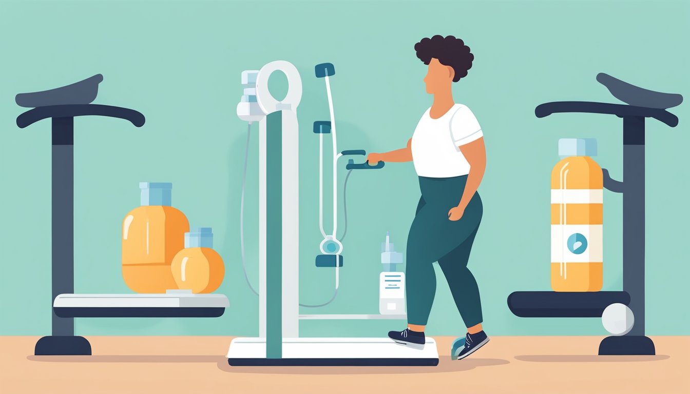 A person standing on a scale with a Wegovy medication bottle on one side and exercise equipment on the other, symbolizing the balance between medication and physical activity in weight management