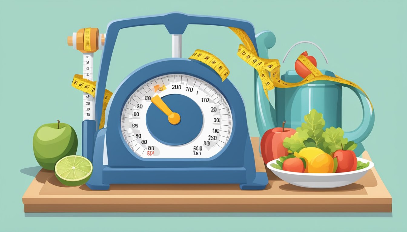 A scale surrounded by a tape measure, a healthy meal, and exercise equipment