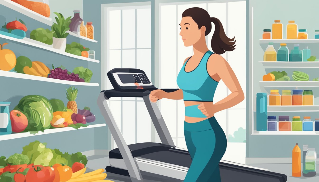 A person on a treadmill with a Wegovy injection in the background, surrounded by exercise equipment and healthy food options