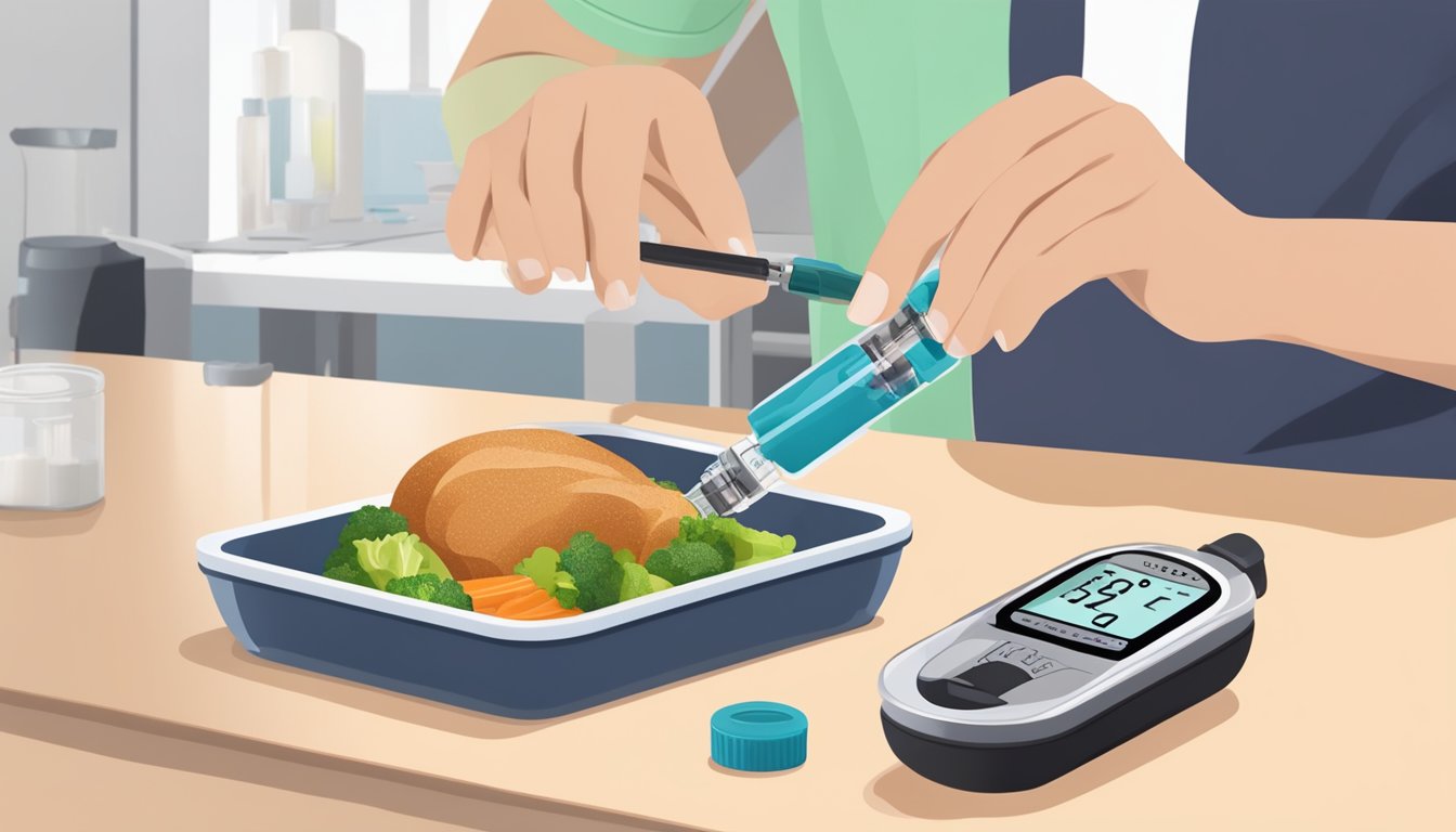 A person preparing a balanced meal while holding a Wegovy injection pen, with exercise equipment in the background