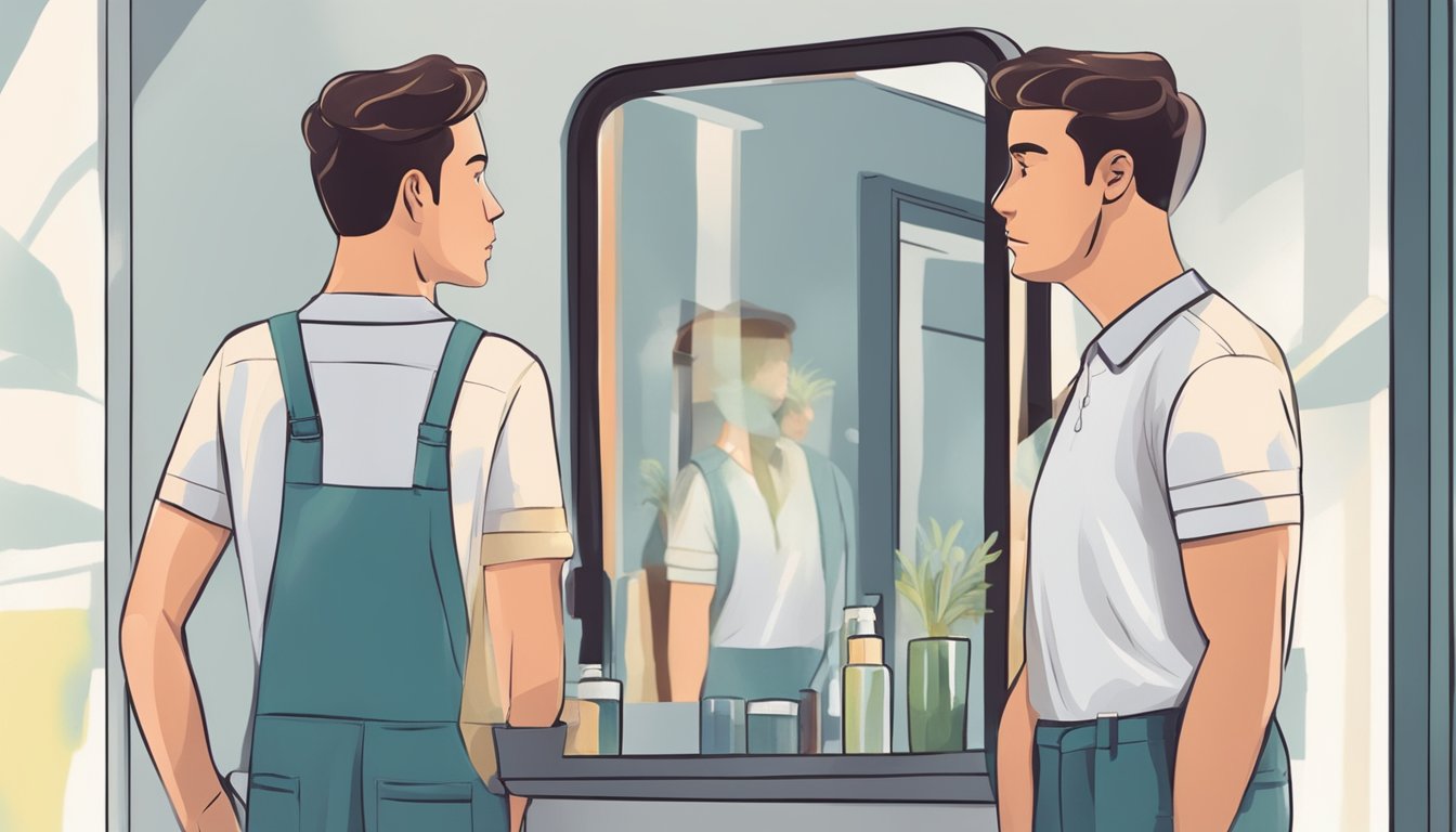 A person standing in front of a mirror, looking at their reflection with a mix of determination and acceptance