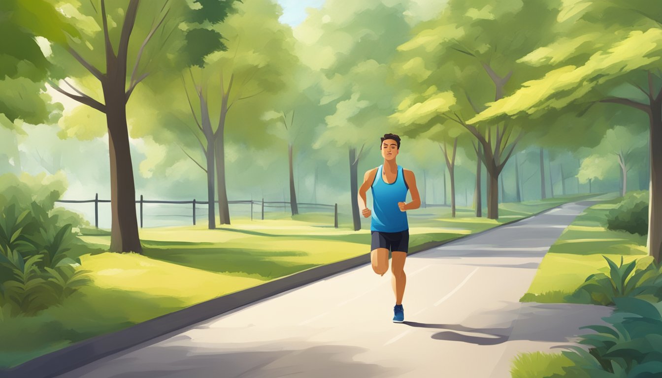 A person jogging on a scenic trail, surrounded by diverse physical activities such as cycling, swimming, and yoga in a park setting