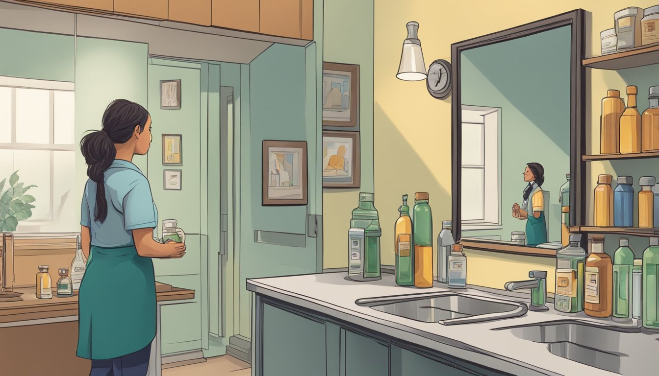 A person standing in front of a mirror, looking at their reflection with a mix of determination and acceptance. A bottle of Wegovy sits on the counter, symbolizing the journey towards better health