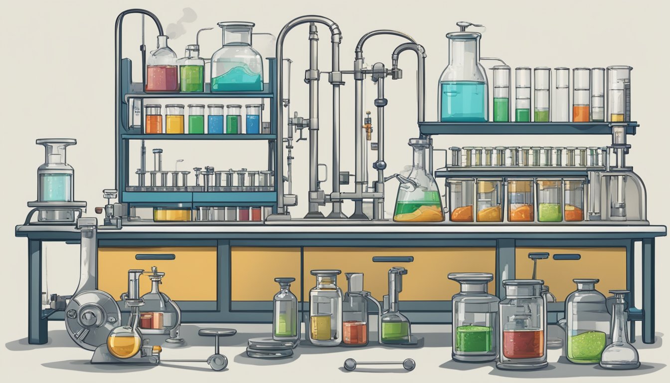 A laboratory setting with test tubes, beakers, and scientific equipment. A diagram or model of Mounjaro's key mechanism for appetite suppression displayed prominently