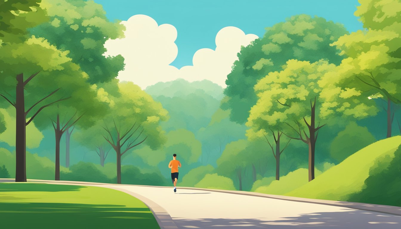 A person jogging through a scenic park, with lush green trees and a clear blue sky in the background, representing a healthy balance between Wegovy and exercise