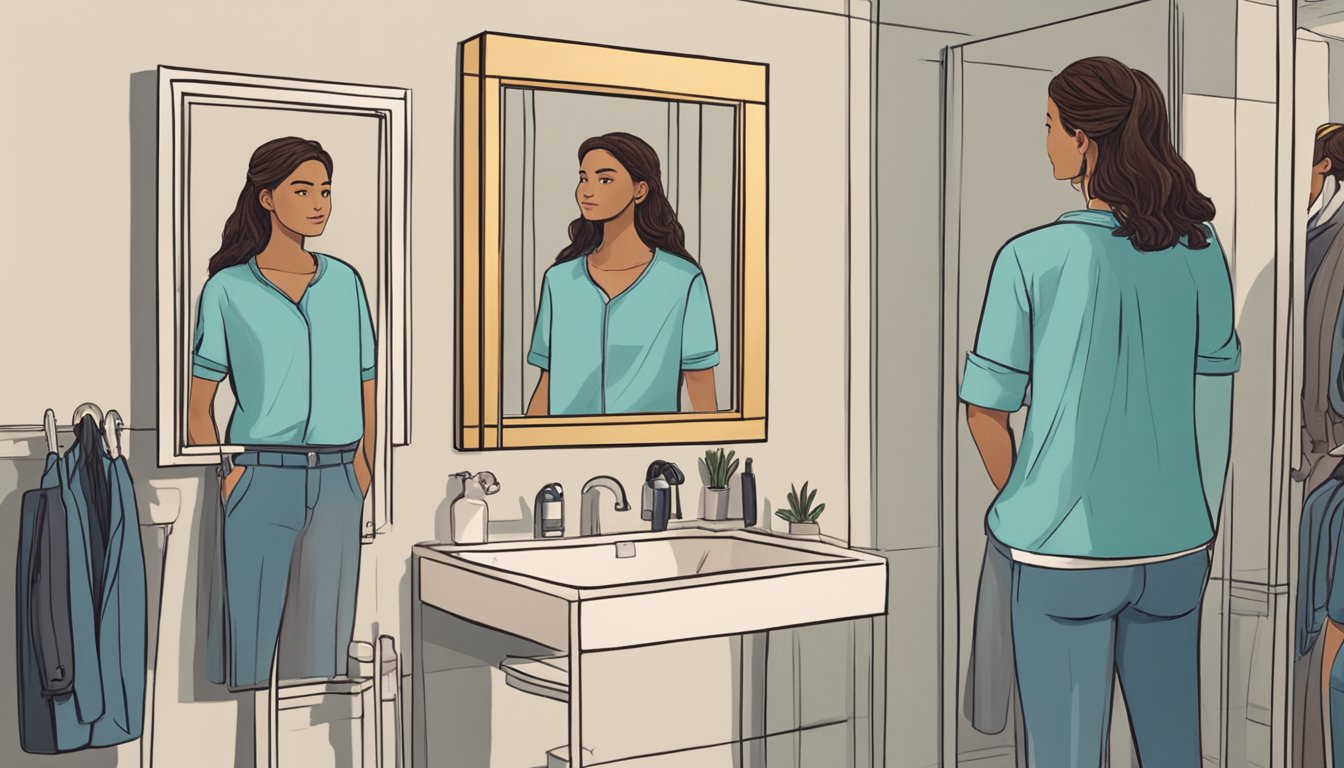 A person standing in front of a mirror, looking at their reflection with a mix of emotions - relief, pride, and uncertainty. Clothes hang loosely on their smaller frame, emphasizing the physical changes