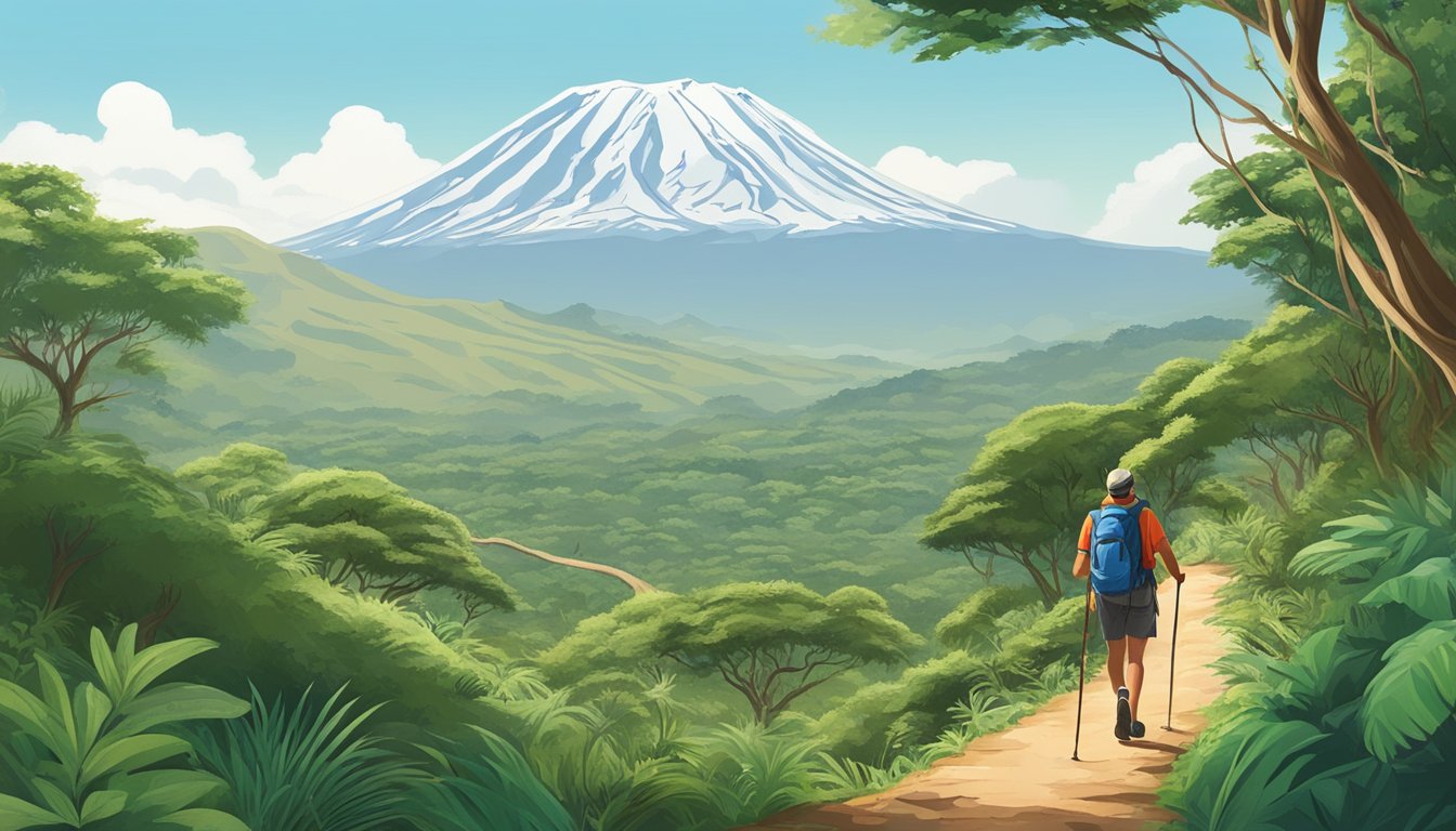 A person hiking up a mountain, surrounded by lush greenery and wildlife, with a clear view of Mount Kilimanjaro in the distance