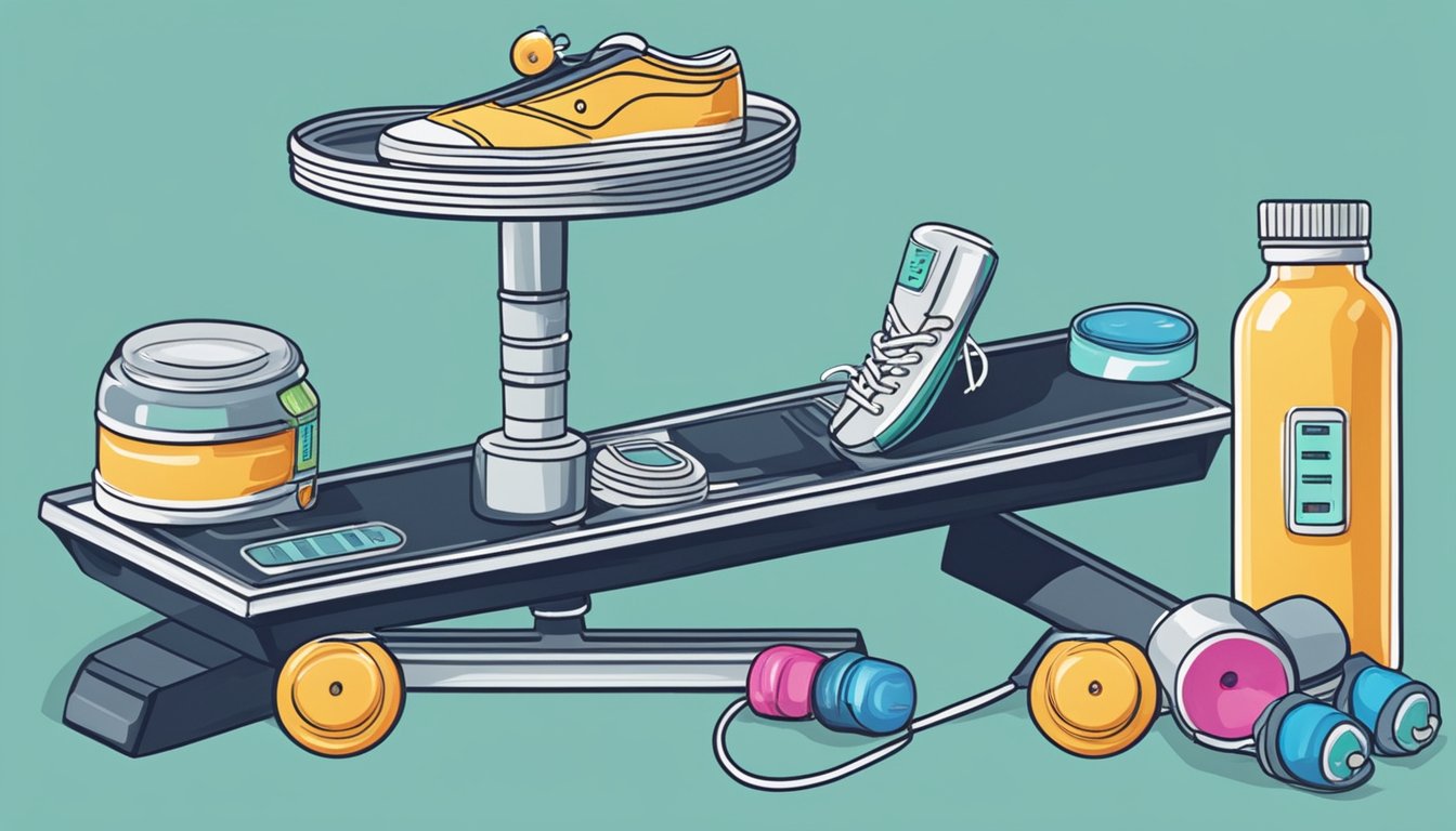 A scale with a pill bottle on one side and a pair of running shoes on the other, symbolizing the balance between Wegovy and exercise